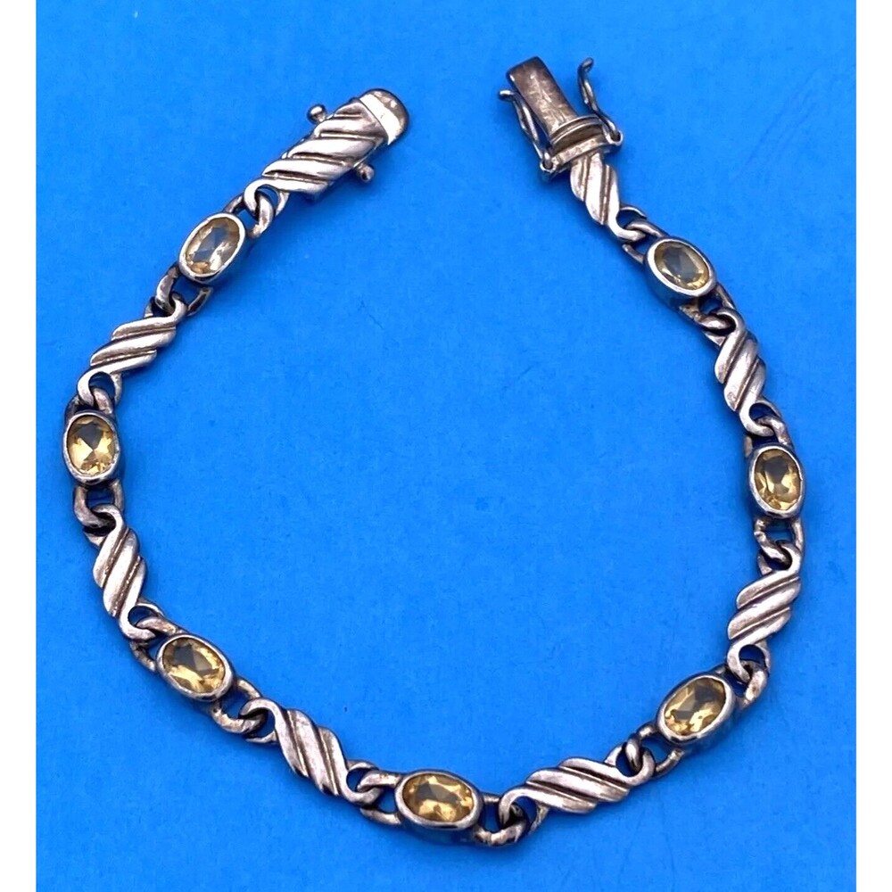 Vintage BIB Thai Yellow Oval Citrine 925 Sterling Silver Tennis Bracelet